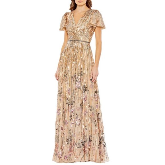 Mac Duggal 5637 Size 8 Gold Copper Floral Sequin Beaded Long Gown‎ Maxi Dress - Picture 5 of 7